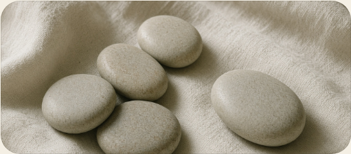 Five smooth river stones on cream linen
