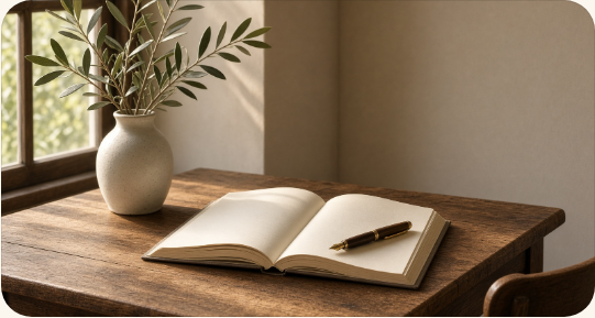 A writing desk with an open book and an olive branch